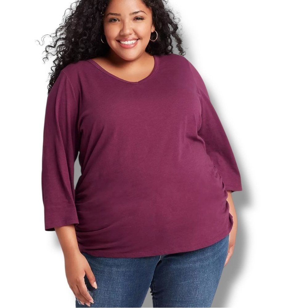 LANE BRYANT Side Ruched Tee - 3/4 Sleeve Pickled Beet / Plum 14/16